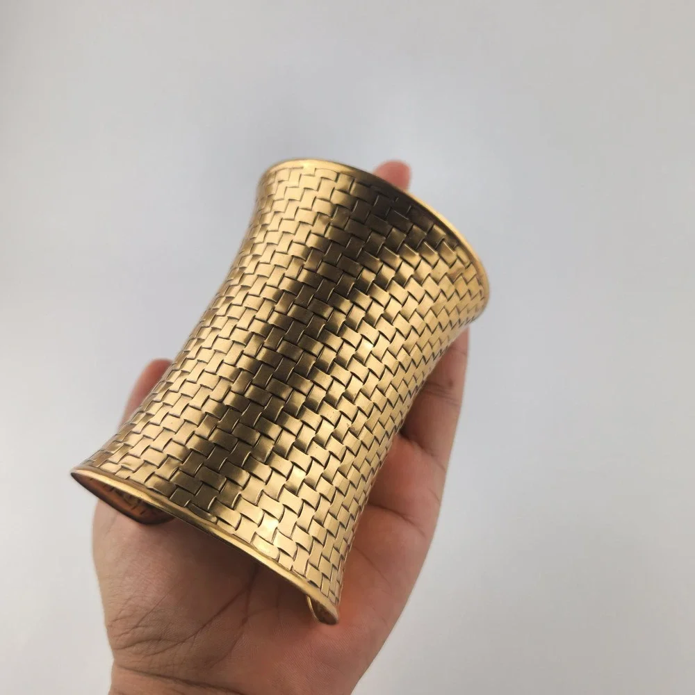 Gold Tone Extra Wide Textured Statement Cuff Bracelet Woven Boho Chic